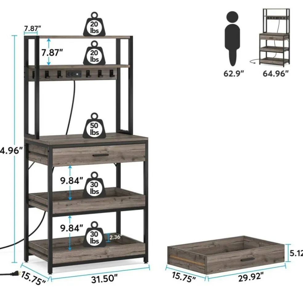 Baker’s Rack with Pull-Out Shelves and Drawer for Kitchen Storage