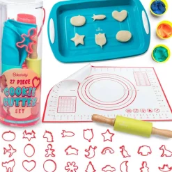 Baketivity Cookie Cutter Set For Kids, 24 Assorted Cookie Cutters of Basic Shapes, Seasonal, and Holiday Themes - With Rolling Pin, Silicone Baking Pan, and Non-Stick Baking Mat - BPA-Free - Ages 4+