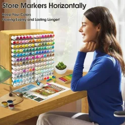 Bamboo Marker Organizer for 168 Markers – Wooden Desk Storage Rack with 24 Compartments for Alcohol Markers, Pens, Pencils & Art Brushes – Desktop Art Supply Holder for Home, Classroom & Office Organization