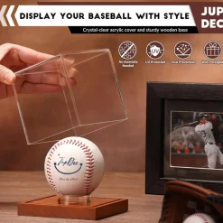 Baseball Display Case - Clear Cube Baseball Holder with Wooden Base, Autograph Stand Box for Single Ball, Acacia Wood, Brown, 1 Pack