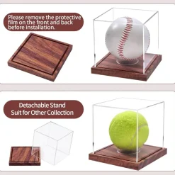 Baseball Display Case, No Assembly Required Clear Cube Tennis Ball Holder with Solid Wooden Base, Autograph Baseball Stand Box for Single Ball (1 Pack)
