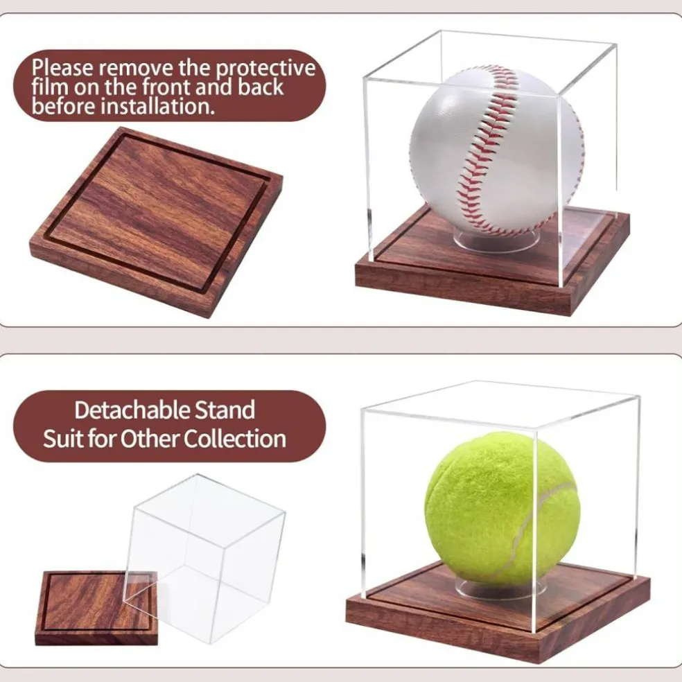 Baseball Display Case, No Assembly Required Clear Cube Tennis Ball Holder with Solid Wooden Base, Autograph Baseball Stand Box for Single Ball (1 Pack)