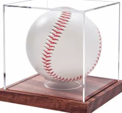 Baseball Display Case, No Assembly Required Clear Cube Tennis Ball Holder with Solid Wooden Base, Autograph Baseball Stand Box for Single Ball (1 Pack)