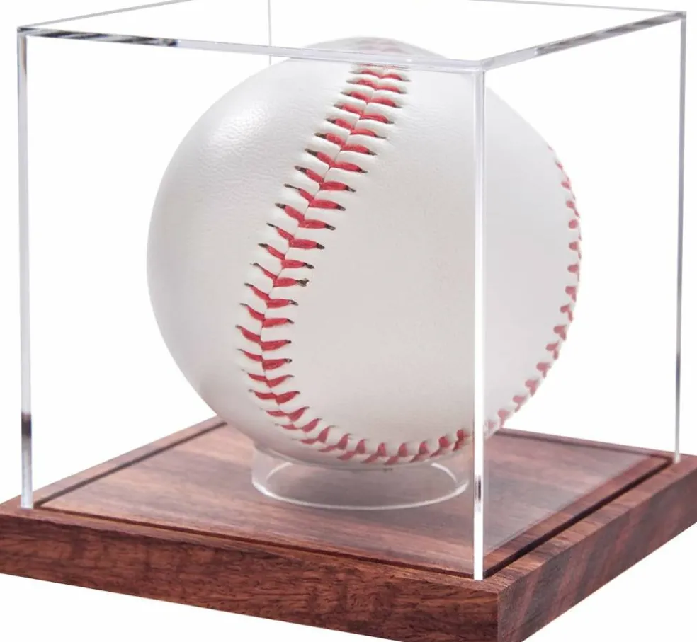 Baseball Display Case, No Assembly Required Clear Cube Tennis Ball Holder with Solid Wooden Base, Autograph Baseball Stand Box for Single Ball (1 Pack)