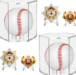 Baseball Display Case UV Protected Acrylic Clear Hexagon Baseball Holder for Tennis Balls,Coins,Memorabilia,with 1 Ball and 2-Coin Racks for Official Size Ball (Hexagon 2 Pack)