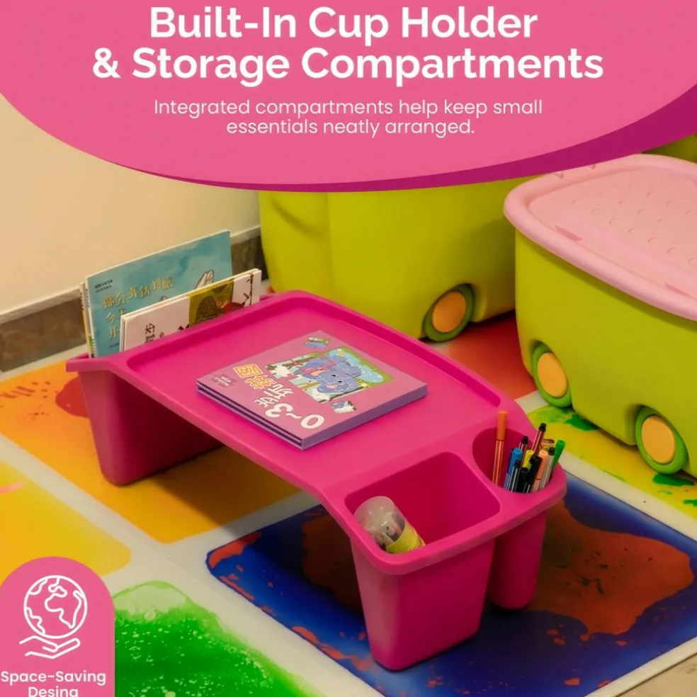Basicwise Activity Desk Table with Built-In Cup Holder and Storage Compartments, Multipurpose Lap Tray for Home Learning, Art Activities, Snack Time, Reading, and Floor-Based Tasks with Raised-Leg Design