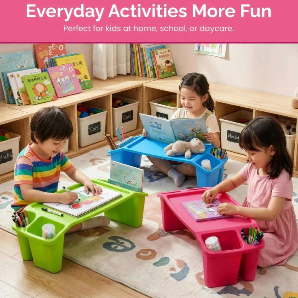 Basicwise Activity Desk Table with Built-In Cup Holder and Storage Compartments, Multipurpose Lap Tray for Home Learning, Art Activities, Snack Time, Reading, and Floor-Based Tasks with Raised-Leg Design