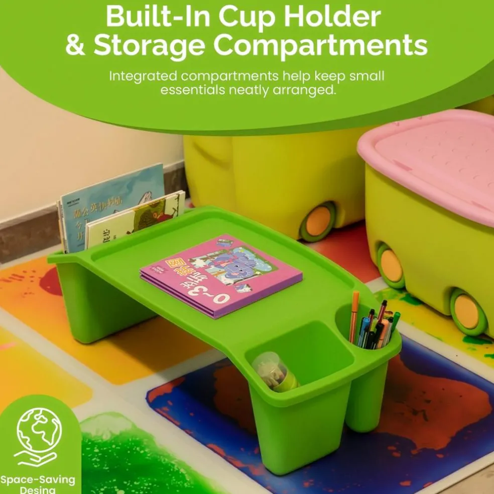 Basicwise Activity Desk Table with Built-In Cup Holder and Storage Compartments, Multipurpose Lap Tray for Home Learning, Art Activities, Snack Time, Reading, and Floor-Based Tasks with Raised-Leg Design
