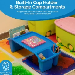 Basicwise Activity Desk Table with Built-In Cup Holder and Storage Compartments, Multipurpose Lap Tray for Home Learning, Art Activities, Snack Time, Reading, and Floor-Based Tasks with Raised-Leg Design