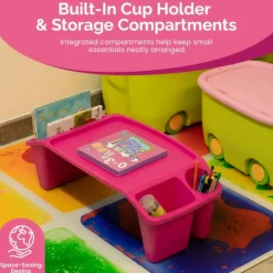 Basicwise Activity Desk Table with Built-In Cup Holder and Storage Compartments, Multipurpose Lap Tray for Home Learning, Art Activities, Snack Time, Reading, and Floor-Based Tasks with Raised-Leg Design