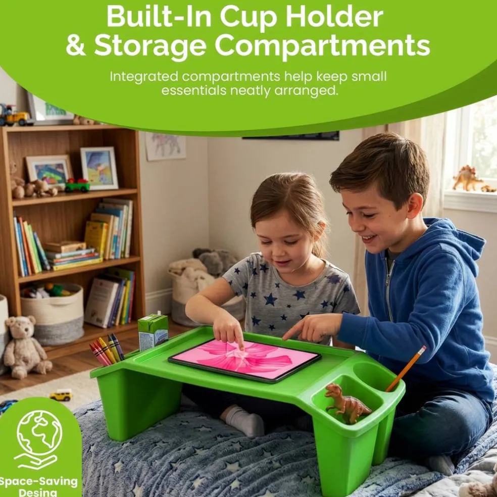 Basicwise Activity Desk Table with Built-In Cup Holder and Storage Compartments, Multipurpose Lap Tray for Home Learning, Art Activities, Snack Time, Reading, and Floor-Based Tasks with Raised-Leg Design