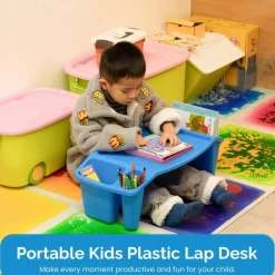 Basicwise Activity Desk Table with Built-In Cup Holder and Storage Compartments, Multipurpose Lap Tray for Home Learning, Art Activities, Snack Time, Reading, and Floor-Based Tasks with Raised-Leg Design