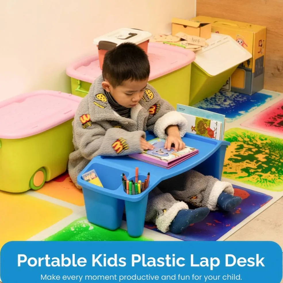 Basicwise Activity Desk Table with Built-In Cup Holder and Storage Compartments, Multipurpose Lap Tray for Home Learning, Art Activities, Snack Time, Reading, and Floor-Based Tasks with Raised-Leg Design