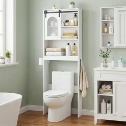 Bathroom Space Saver Storage Rack with Barn Door, Over Toilet Organizer Cabinet with Paper Roll Holder and Hanging Hooks