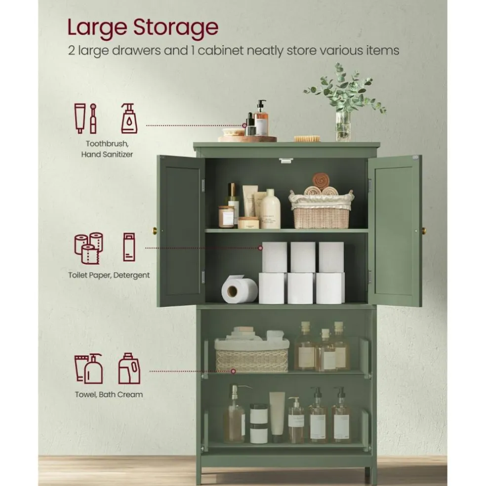 Bathroom Storage Cabinet Floor Standing 2 Drawer Organizer MDF Adjustable Shelf Anti Tip Unit for Towels Cosmetics