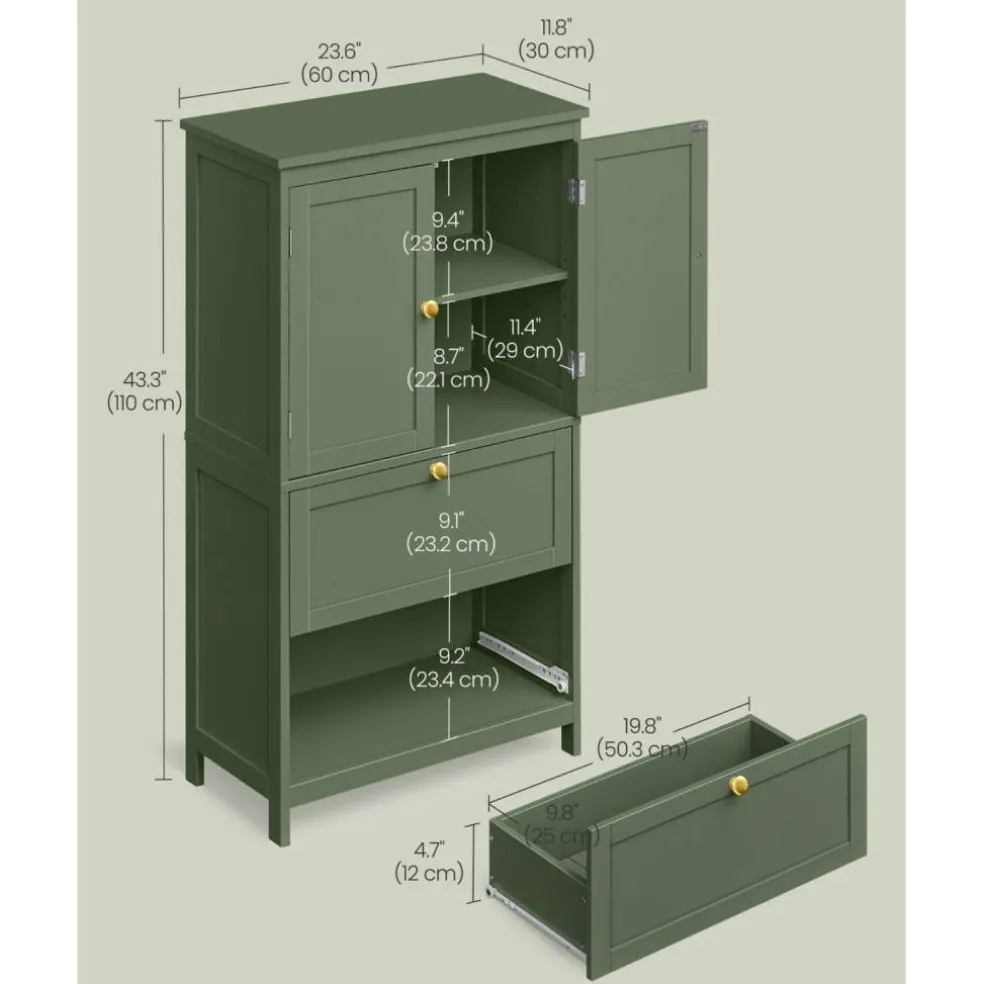 Bathroom Storage Cabinet Floor Standing 2 Drawer Organizer MDF Adjustable Shelf Anti Tip Unit for Towels Cosmetics