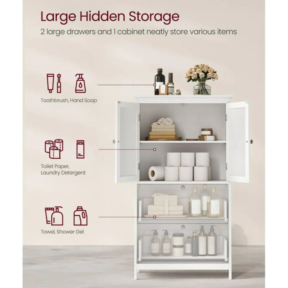 Bathroom Storage Cabinet Floor Standing 2 Drawer Organizer MDF Adjustable Shelf Anti Tip Unit for Towels Cosmetics