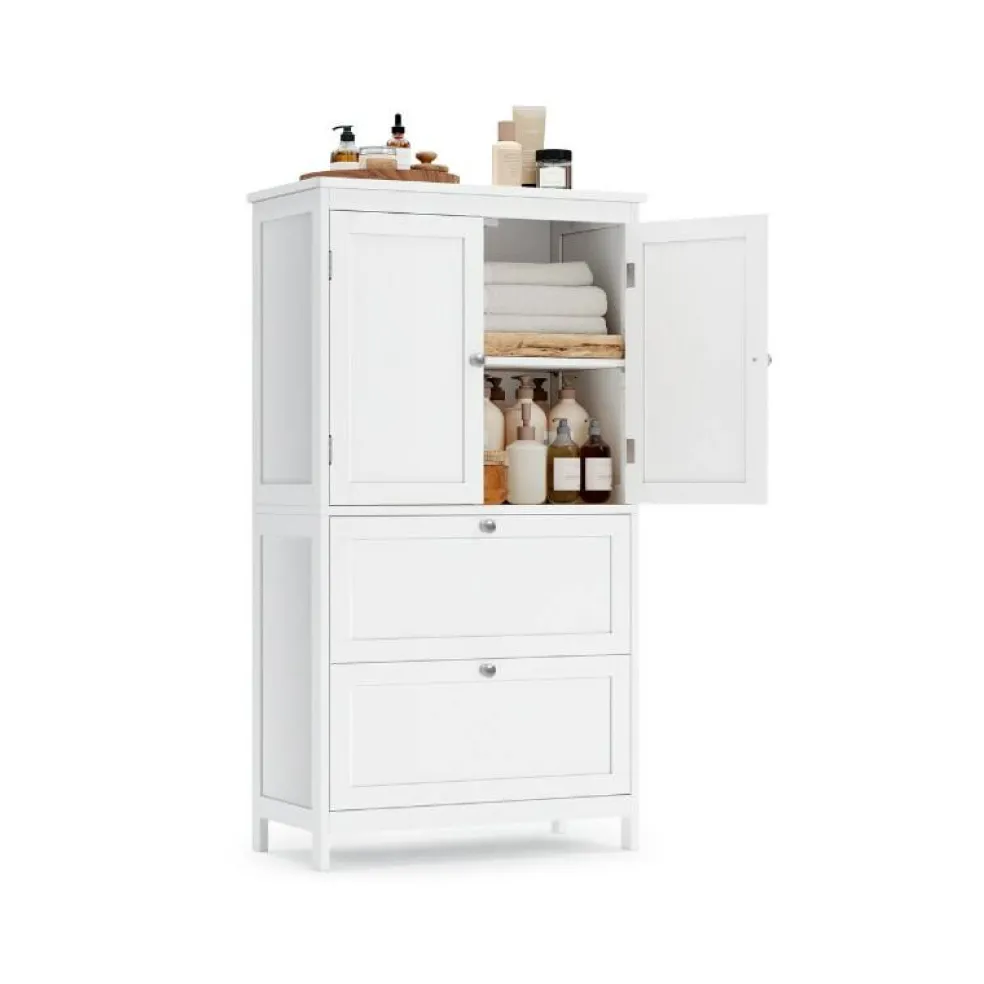 Bathroom Storage Cabinet Floor Standing 2 Drawer Organizer MDF Adjustable Shelf Anti Tip Unit for Towels Cosmetics