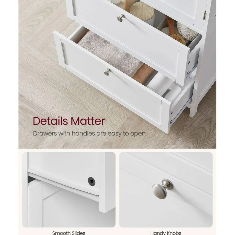 Bathroom Storage Cabinet Floor Standing 2 Drawer Organizer MDF Adjustable Shelf Anti Tip Unit for Towels Cosmetics