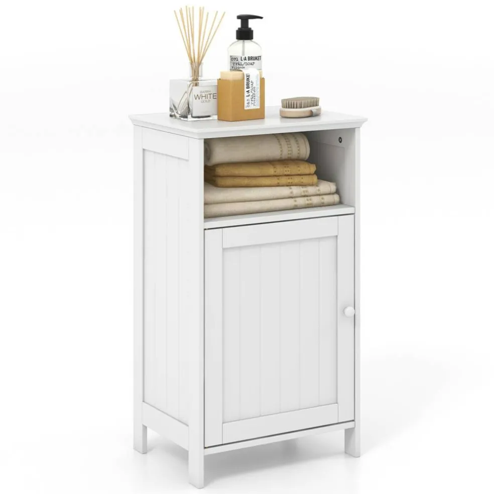 Bathroom Storage Cabinet, Freestanding Floor Cabinet with Adjustable Shelf, Open Cube and Hidden Door, MDF Organizer