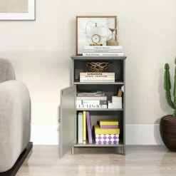 Bathroom Storage Cabinet, Freestanding Floor Cabinet with Adjustable Shelf, Open Cube and Hidden Door, MDF Organizer