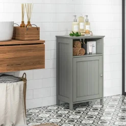Bathroom Storage Cabinet, Freestanding Floor Cabinet with Adjustable Shelf, Open Cube and Hidden Door, MDF Organizer
