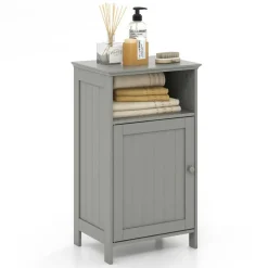 Bathroom Storage Cabinet, Freestanding Floor Cabinet with Adjustable Shelf, Open Cube and Hidden Door, MDF Organizer