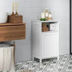 Bathroom Storage Cabinet, Freestanding Floor Cabinet with Adjustable Shelf, Open Cube and Hidden Door, MDF Organizer