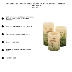 Battery-Operated Wax Candles with Floral Design - Set of 3