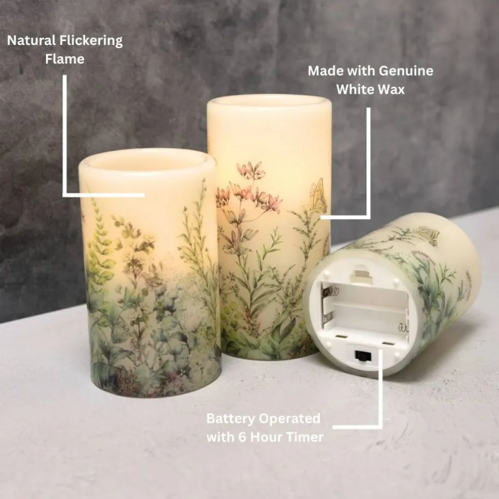 Battery-Operated Wax Candles with Floral Design - Set of 3