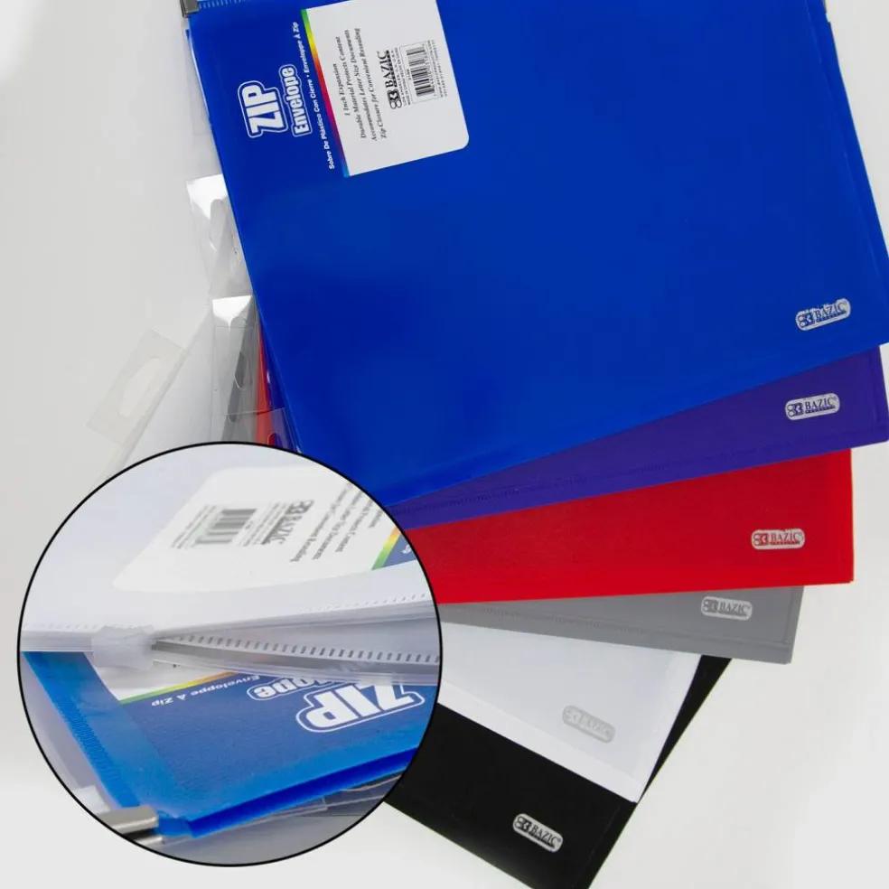 BAZIC Assorted Color Zip Envelope, A4/Letter Size, Flexible Poly Envelope