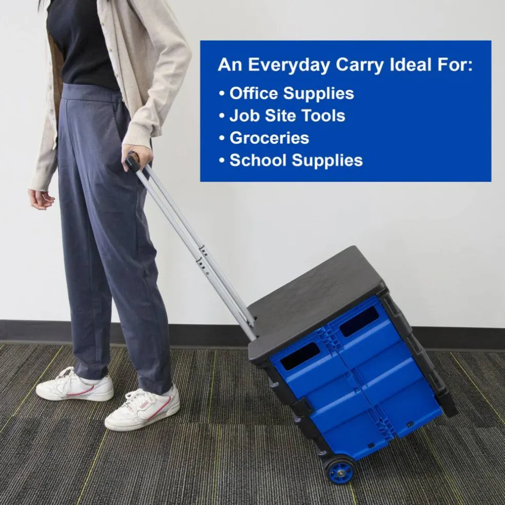 BAZIC Blue Folding Cart on Wheels with Lid, 16 x 18 x 15 in