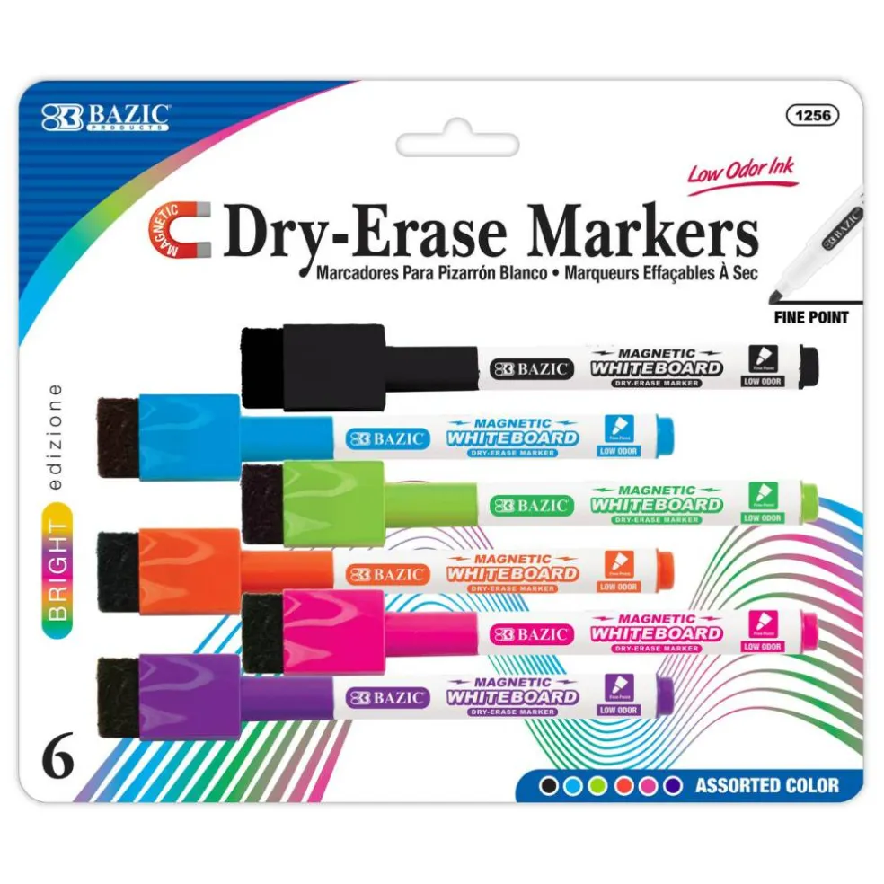 BAZIC Bright Magnetic Dry Erase Markers, Fine Tip, 6 Count