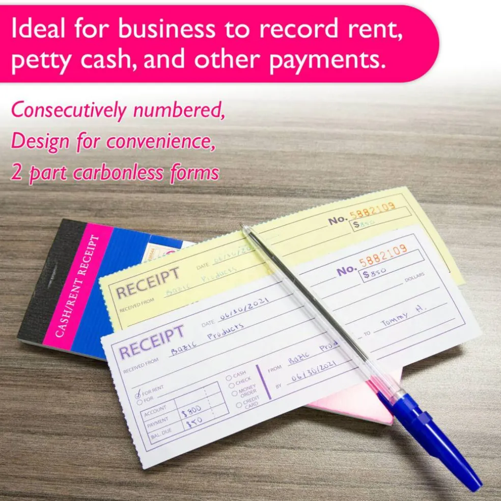 BAZIC Cash/Rent Receipt Book, 50 Sets, 7.5" x 2.75", 2-Part, 24-Pack