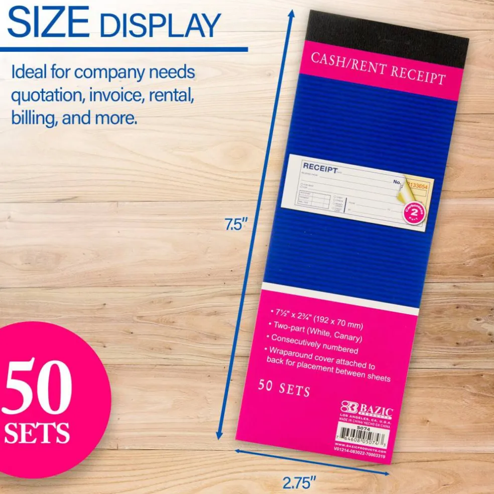 BAZIC Cash/Rent Receipt Book, 50 Sets, 7.5" x 2.75", 2-Part, 24-Pack