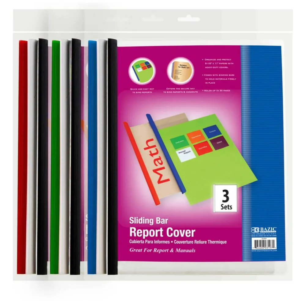 BAZIC Clear Front Sliding Bar Report Cover, 3 Pack, Letter Size