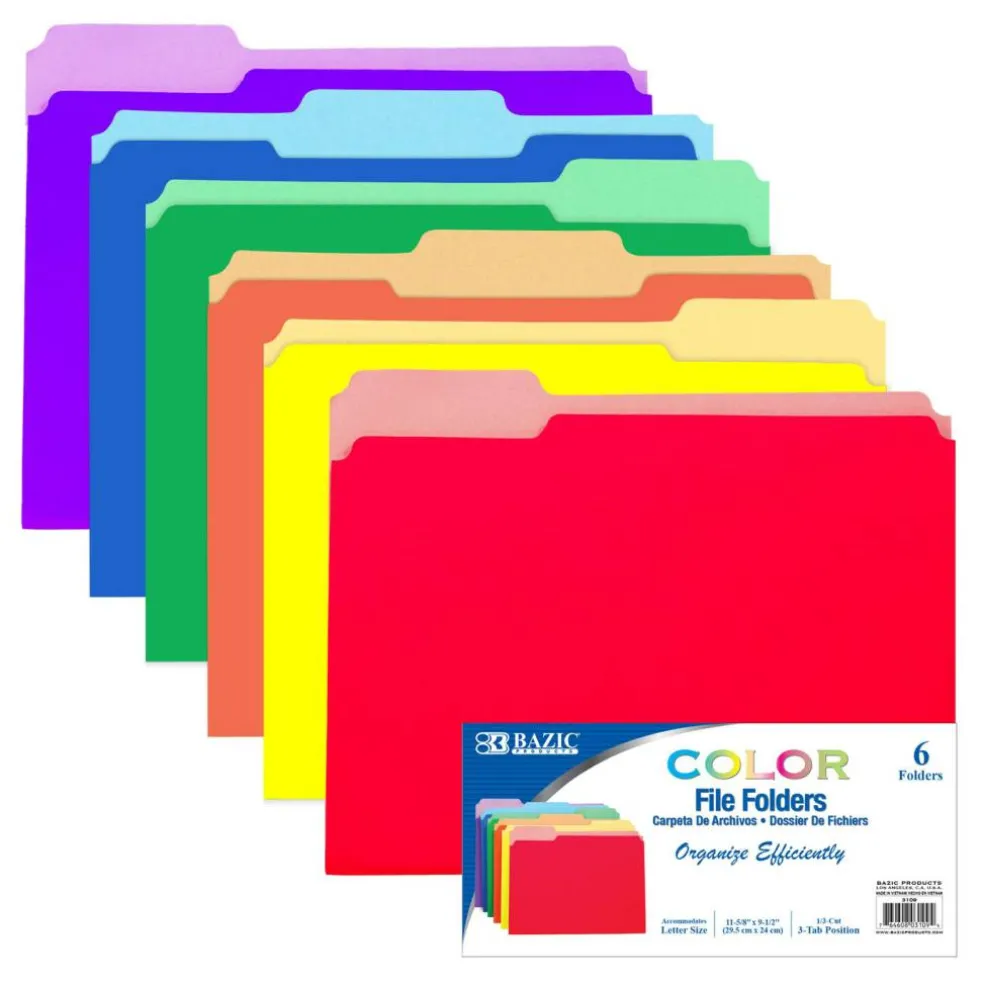 BAZIC Color File Folders, Letter Size, 1/3 Cut, 6 Count