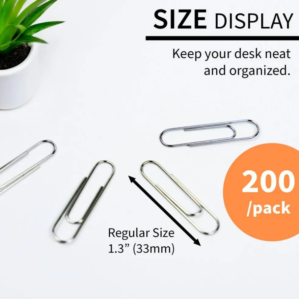 BAZIC Silver Paper Clips, No.1 Regular 33 mm, 200 Count, Smooth Steel Clips