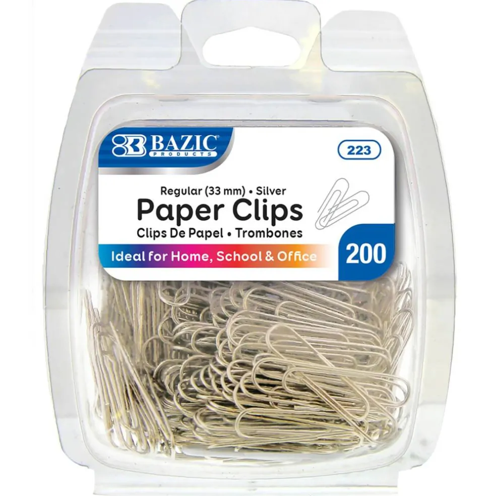 BAZIC Silver Paper Clips, No.1 Regular 33 mm, 200 Count, Smooth Steel Clips