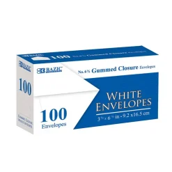 BAZIC #6 3/4 White Envelopes, Gummed, 100 Count, Plain-Face Paper