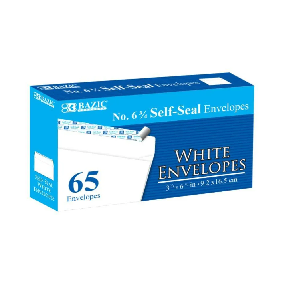 BAZIC #6 3/4 White Envelopes, Self-Seal, 65 Count, for Mailing Office