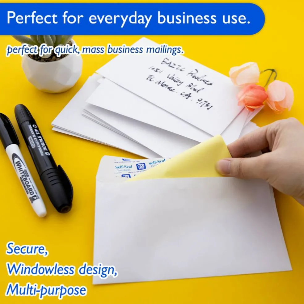 BAZIC #6 3/4 White Envelopes, Self-Seal, 65 Count, for Mailing Office