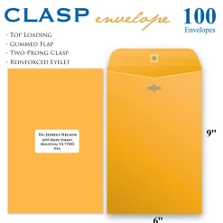 BAZIC 6 x 9 in Manila Clasp Envelopes, 100 Count, Metal Clasp Closure