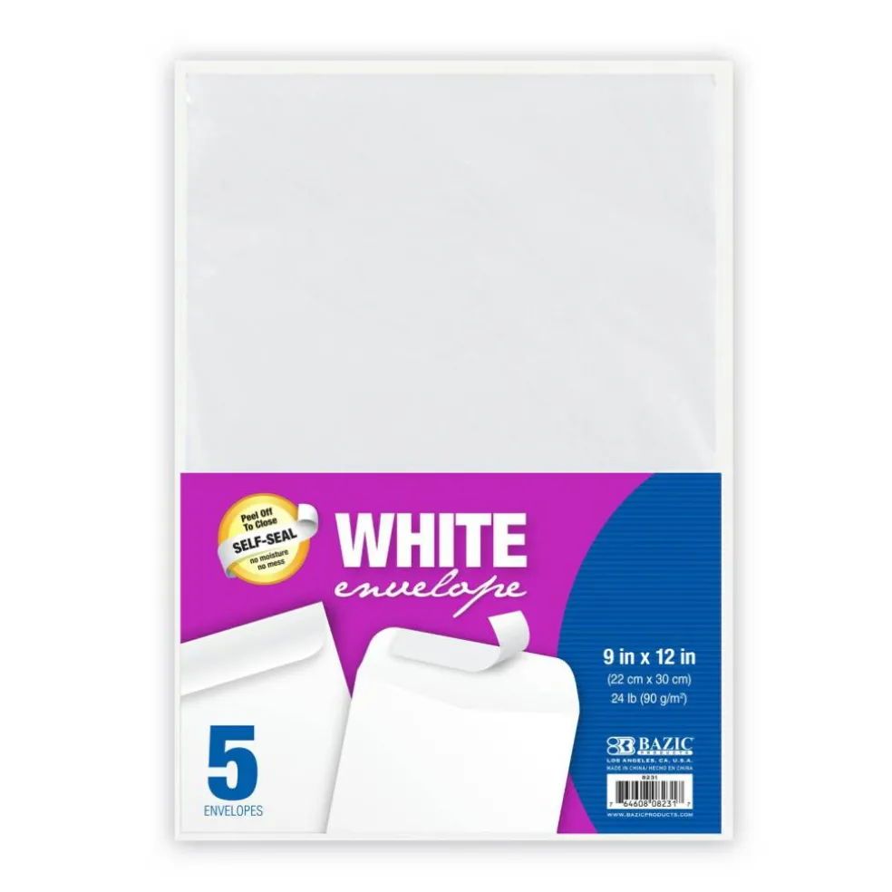 BAZIC 9 x 12 in White Envelopes, Self-Seal, 5 Count, for Mailing Office