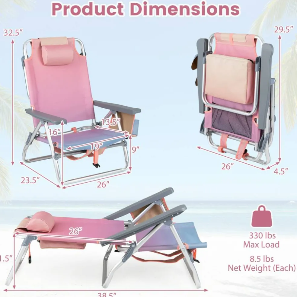 Beach Chairs Set of 2, Portable Folding Backpack Recliners with 5 Position Adjustable Backrest, Padded Headrest, Cup Holder and Cooler Bag
