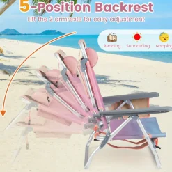 Beach Chairs Set of 2, Portable Folding Backpack Recliners with 5 Position Adjustable Backrest, Padded Headrest, Cup Holder and Cooler Bag