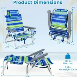 Beach Chairs Set of 2, Portable Folding Backpack Recliners with 5 Position Adjustable Backrest, Padded Headrest, Cup Holder and Cooler Bag