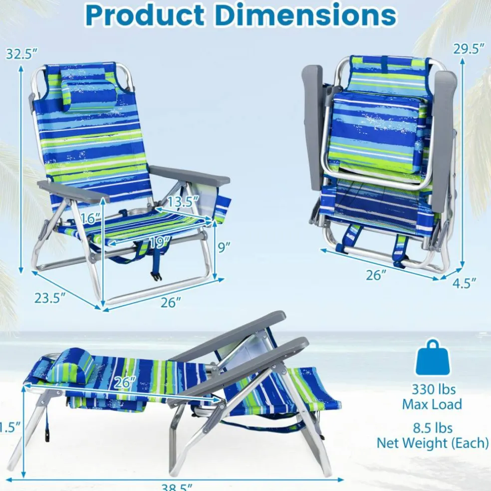 Beach Chairs Set of 2, Portable Folding Backpack Recliners with 5 Position Adjustable Backrest, Padded Headrest, Cup Holder and Cooler Bag