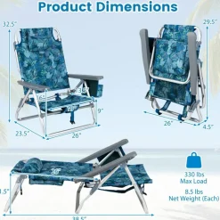 Beach Chairs Set of 2, Portable Folding Backpack Recliners with 5 Position Adjustable Backrest, Padded Headrest, Cup Holder and Cooler Bag