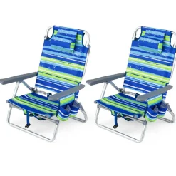 Beach Chairs Set of 2, Portable Folding Backpack Recliners with 5 Position Adjustable Backrest, Padded Headrest, Cup Holder and Cooler Bag